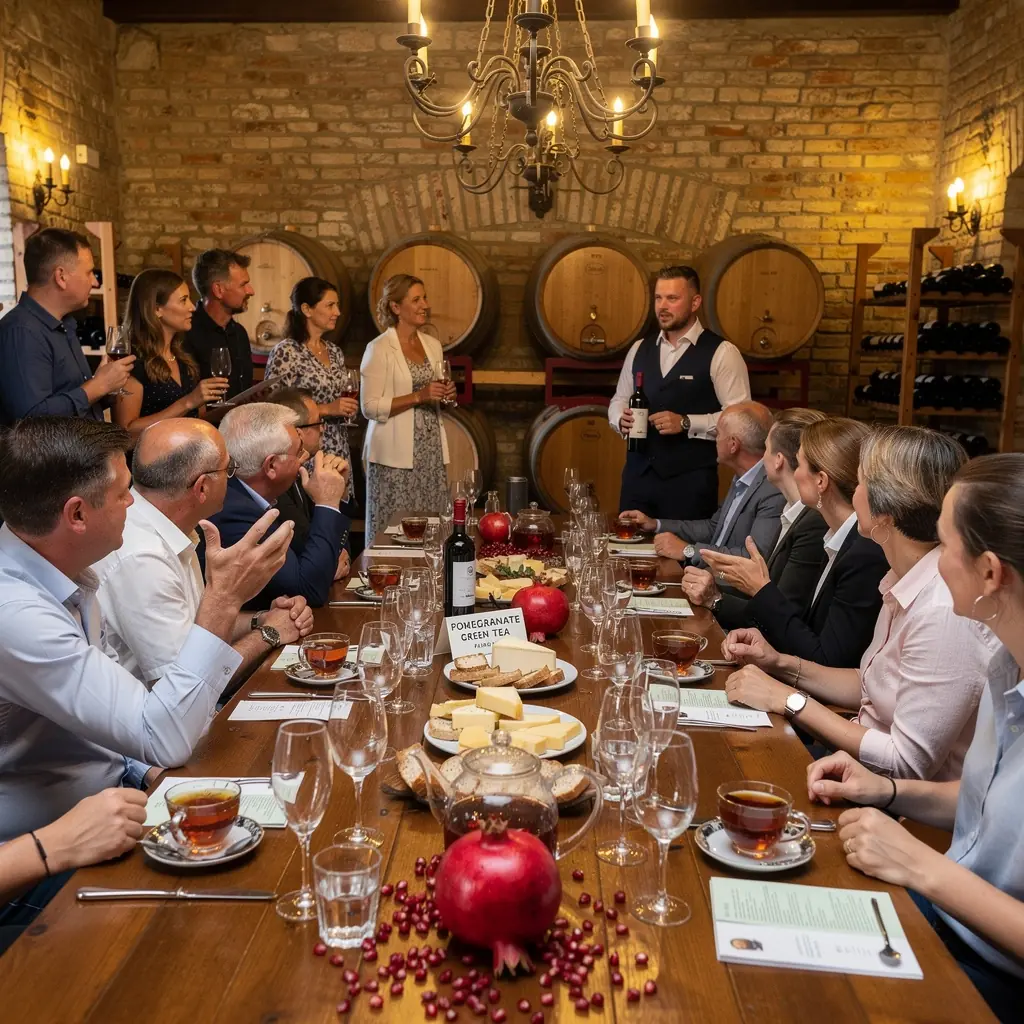 Friss gránátalma és zöld tea levelek díszítik a teáscsészét, világos zöld háttér előtt.