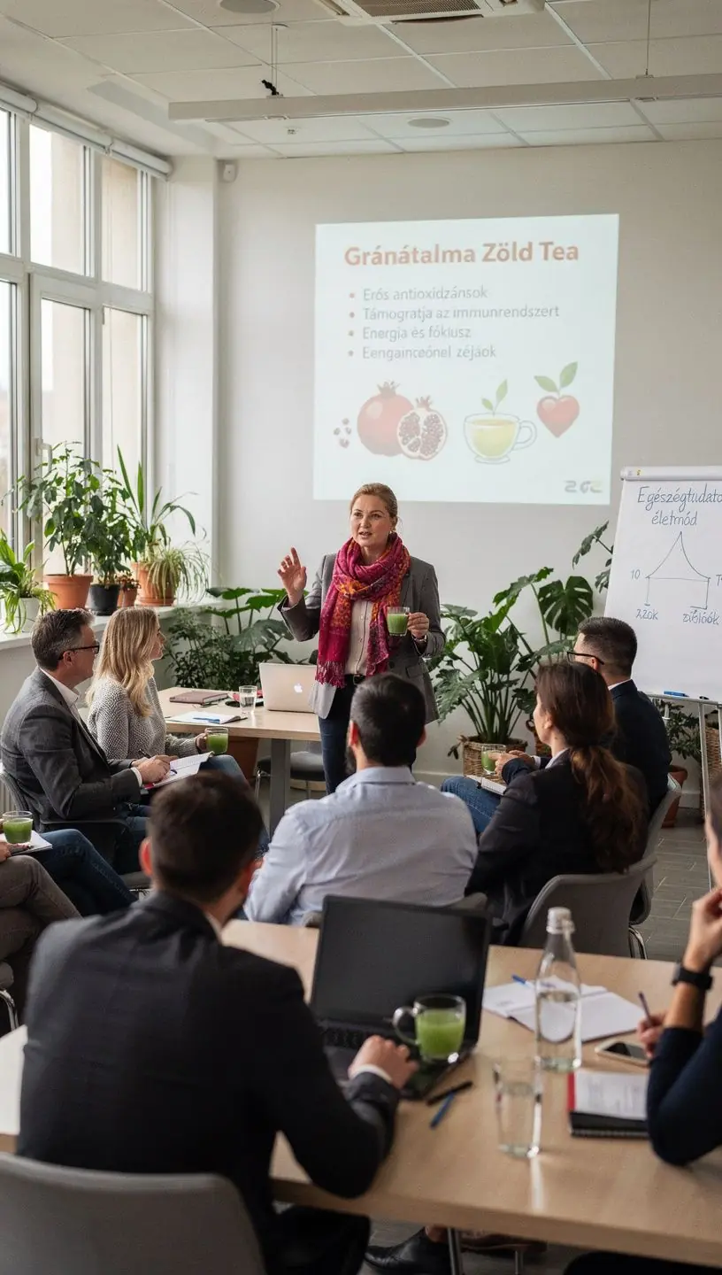 Ínycsiklandó gránátalma szirup, amely a zöld tea alapját gazdagítja.